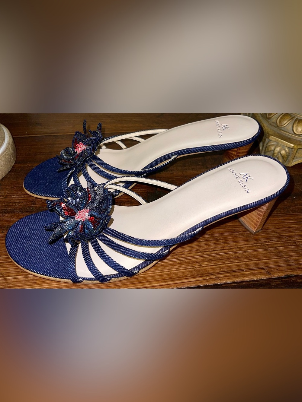 Anne Klein Women’s 8 denim beaded floral heels